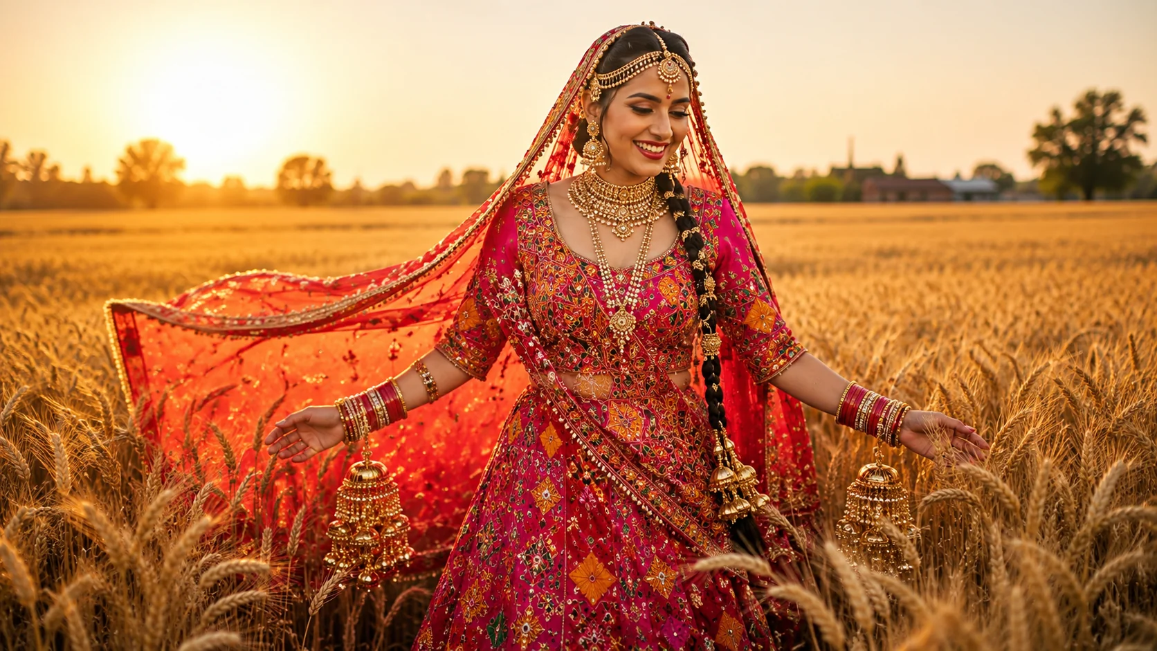 Punjabi bride in wheat fields AI photoshoot prompt — phulkari lehenga, golden hour, outdoor bridal portrait
