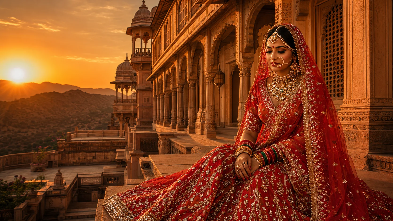 Rajasthani royal bride at palace AI photoshoot prompt — red gota-patti lehenga, heritage palace, bridal portrait