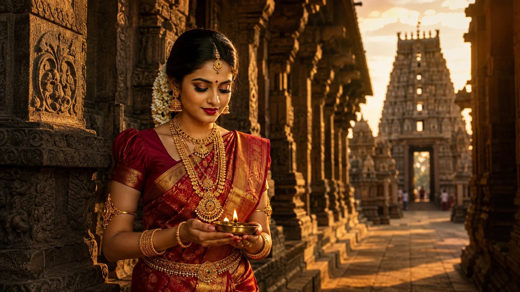 South Indian temple bride AI photoshoot prompt — Kanchipuram silk saree, granite pillars, golden hour bridal portrait