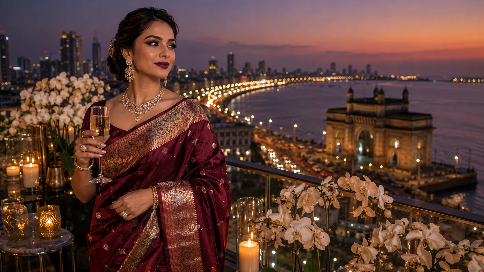 Indian bride sunset terrace AI photoshoot prompt — silk saree, Mumbai skyline, rooftop luxury bridal portrait
