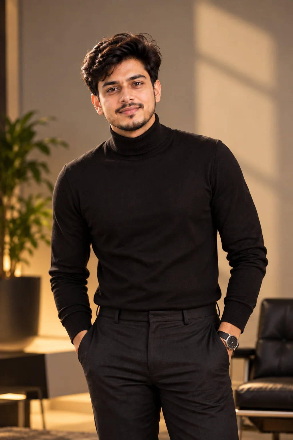 Creative professional man studio portrait with modern editorial lighting