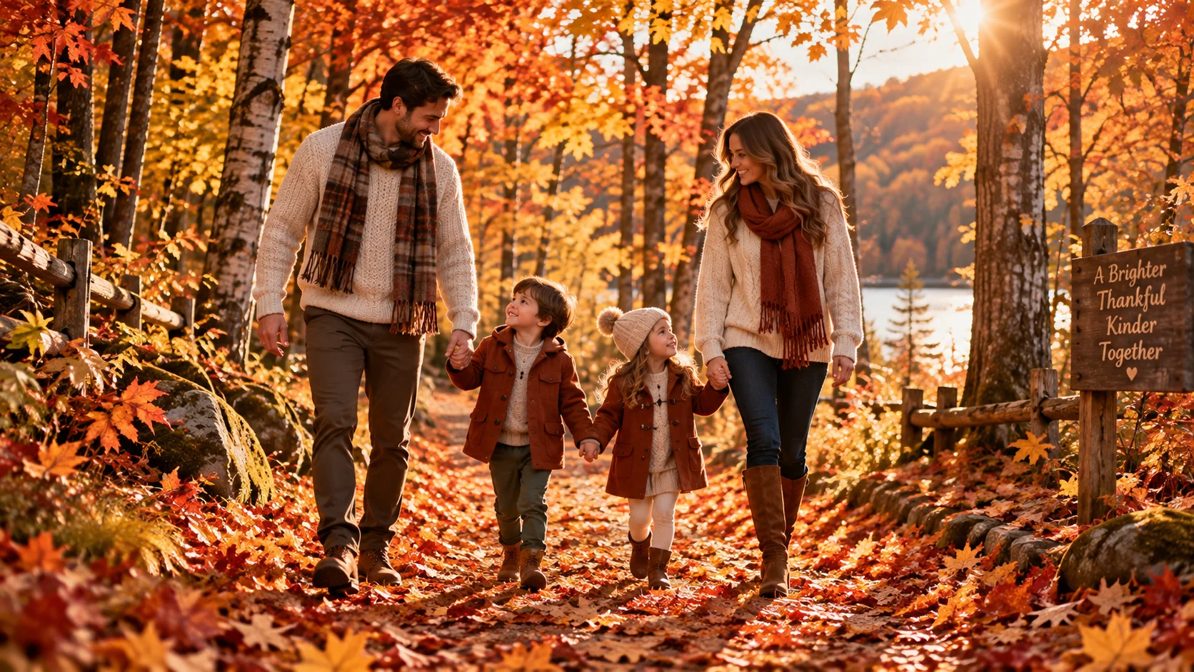 AI-generated cinematic autumn family walk on a leaf-covered forest path at golden hour