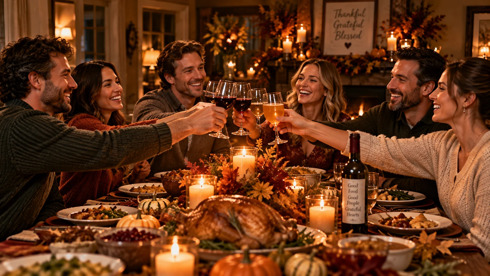 AI-generated intimate candlelit Thanksgiving dinner table toast with glasses raised and warm bokeh background
