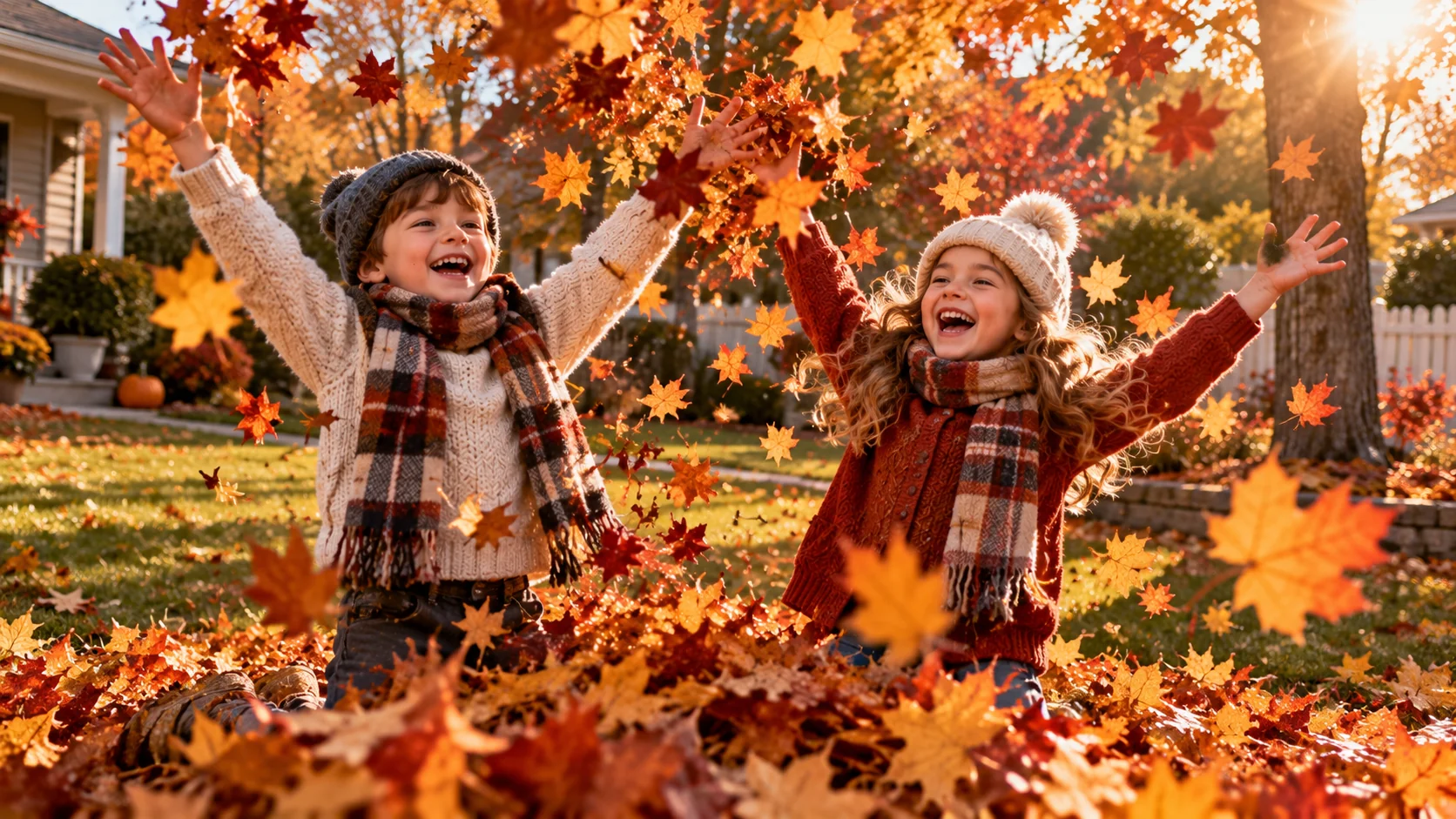 AI-generated joyful children tossing vibrant autumn leaves in a backyard with warm afternoon sunlight