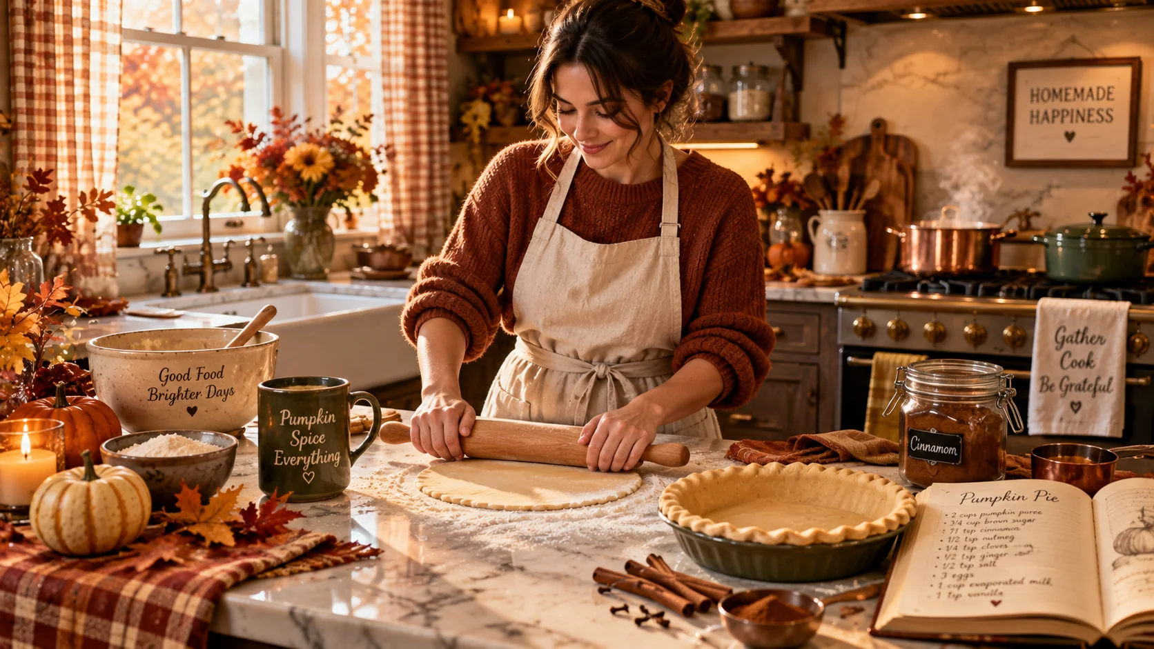 AI-generated cozy farmhouse kitchen Thanksgiving preparation scene with pie dough and flour-dusted hands