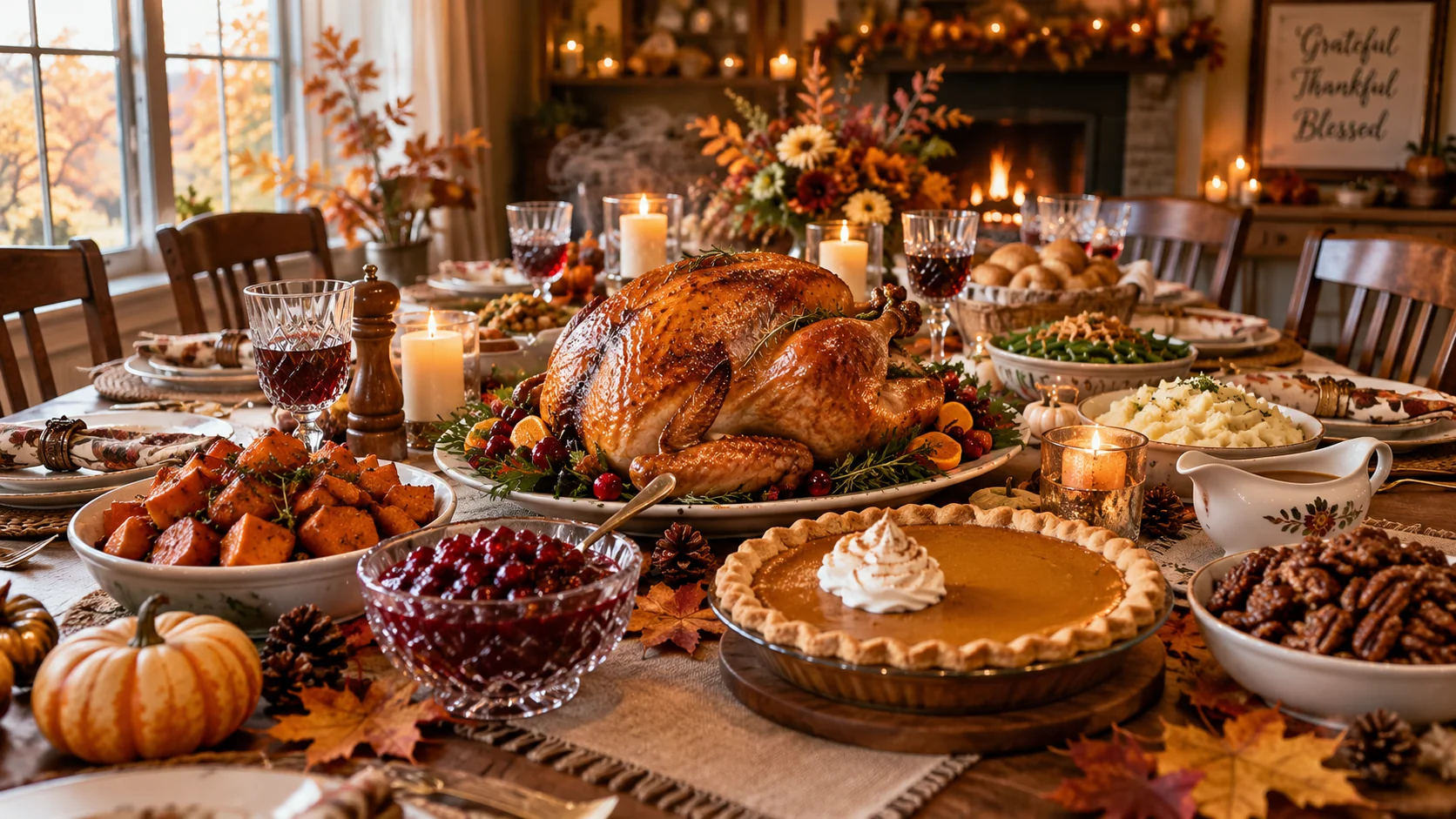 AI-generated golden Thanksgiving dinner table with roasted turkey, candlelight, and autumn decorations