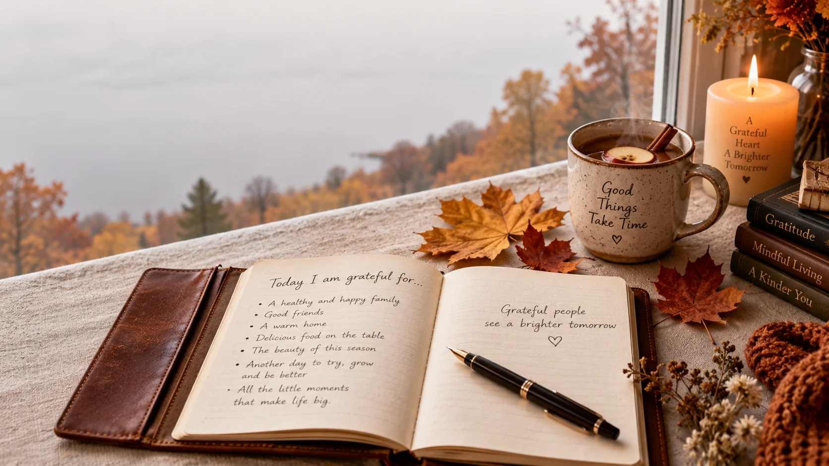 AI-generated minimalist gratitude journaling still life with autumn leaves, spiced cider mug, and candlelight