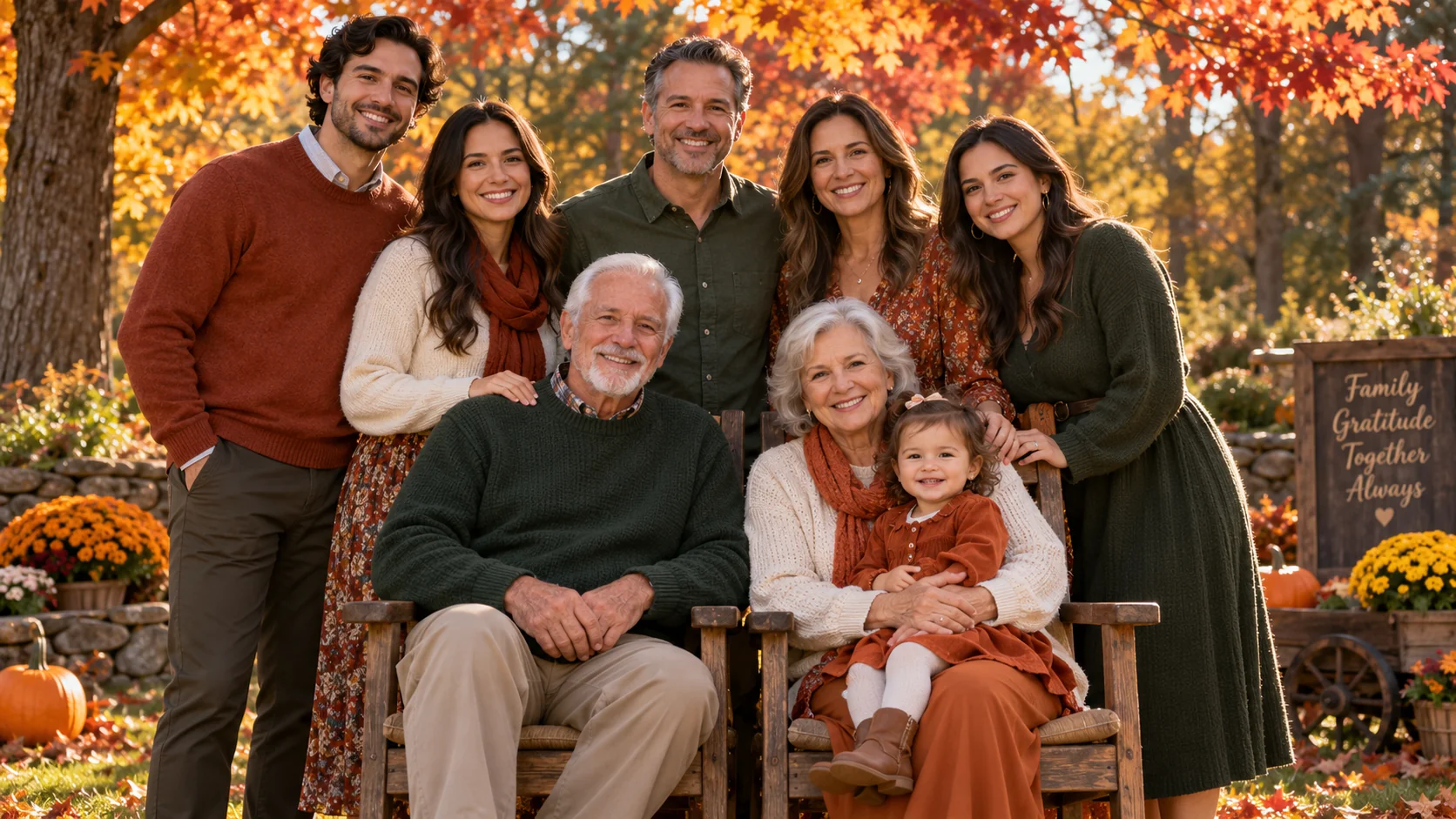 AI-generated multigenerational Thanksgiving family portrait at golden hour in an autumn garden