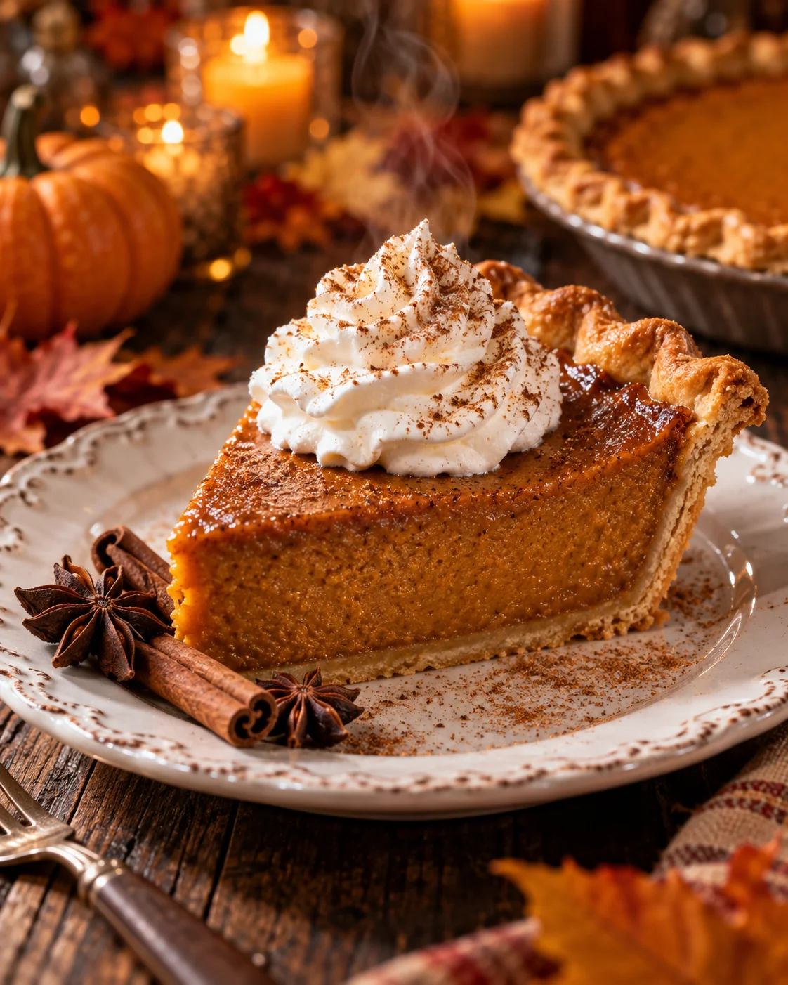 AI-generated macro close-up of sliced pumpkin pie with cinnamon steam on a rustic wooden table