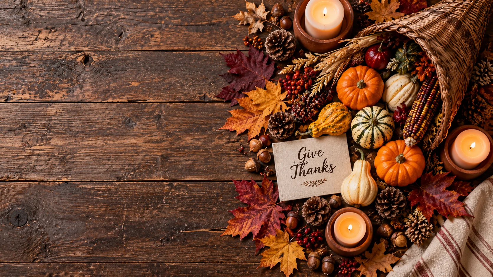 AI-generated rustic Thanksgiving harvest table flat lay with gourds, candles, and autumn leaves overhead