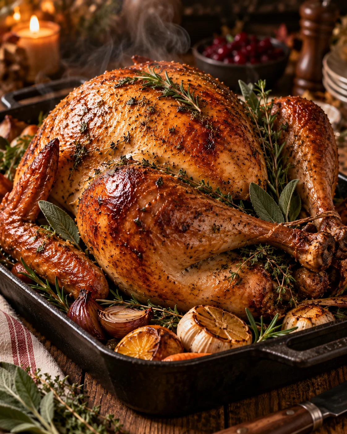 AI-generated cinematic close-up of a golden basted Thanksgiving turkey with fresh herbs in a cast-iron roasting pan