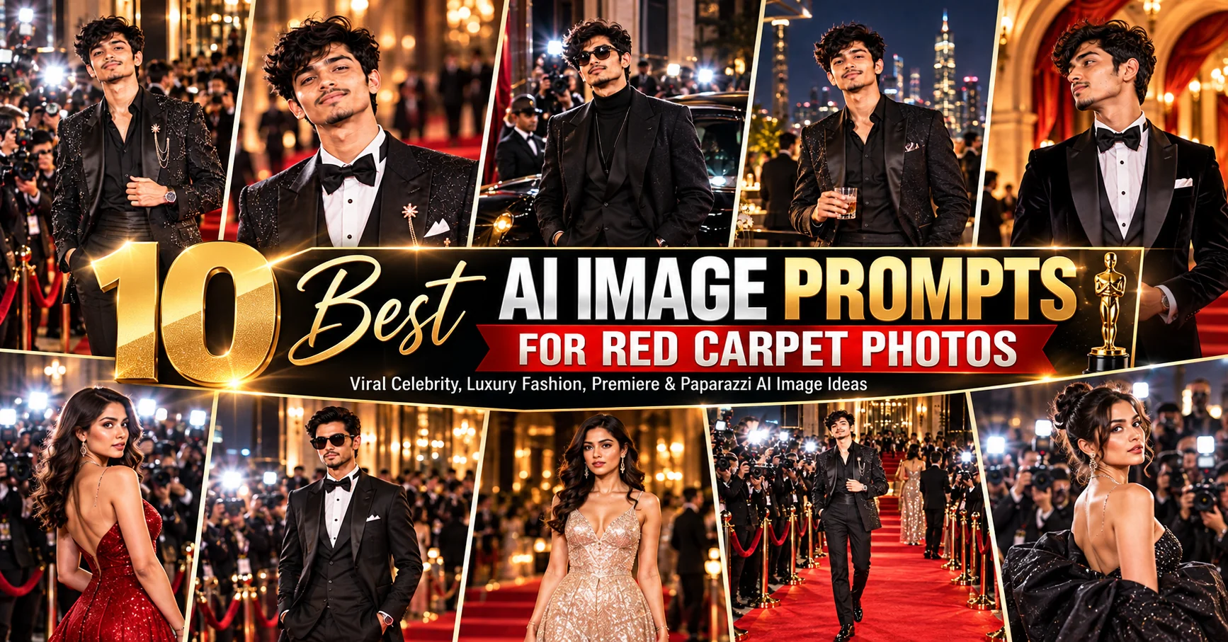 AI red carpet photo showing glamorous celebrity fashion, luxury styling, premiere lights, and paparazzi photography