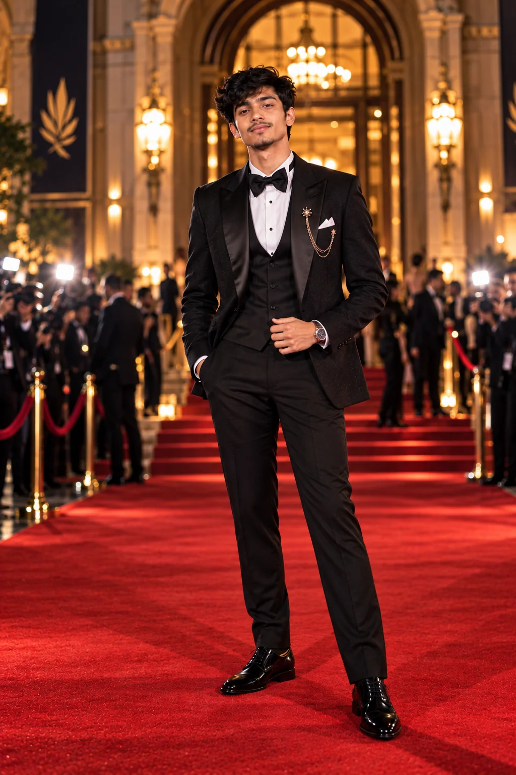 Dramatic black-tie movie premiere AI portrait with elegant formalwear and cinematic lighting