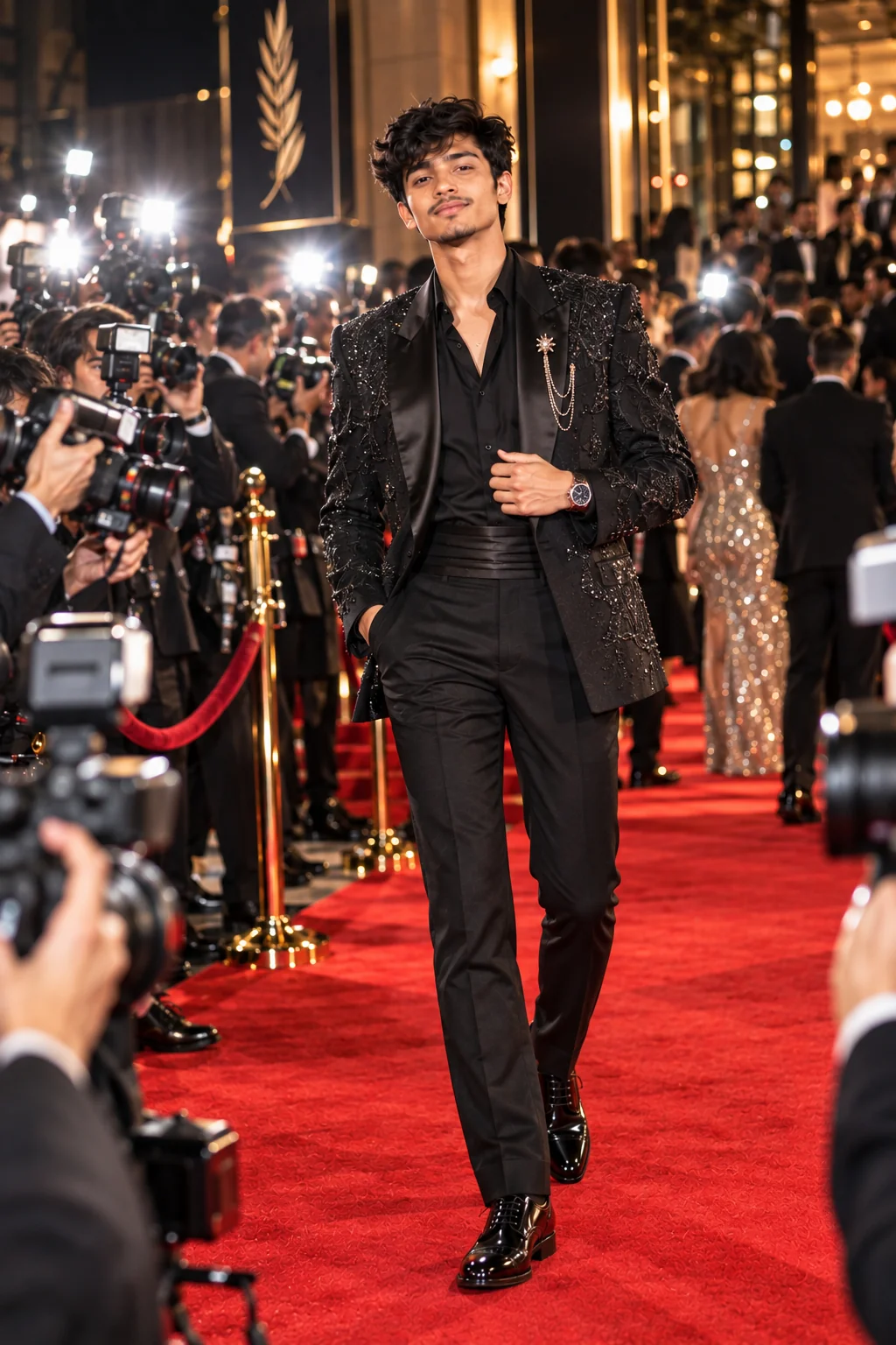 High-fashion AI red carpet image with intense flash photography and editorial styling