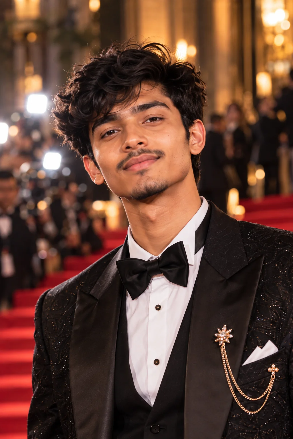 Close-up AI red carpet celebrity-style portrait with glamorous makeup and cinematic lighting