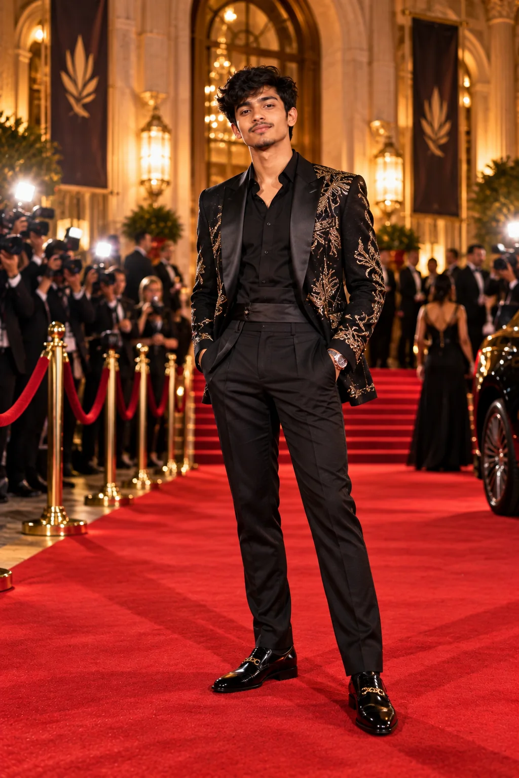 Luxury fashion red carpet editorial AI image with dramatic couture styling