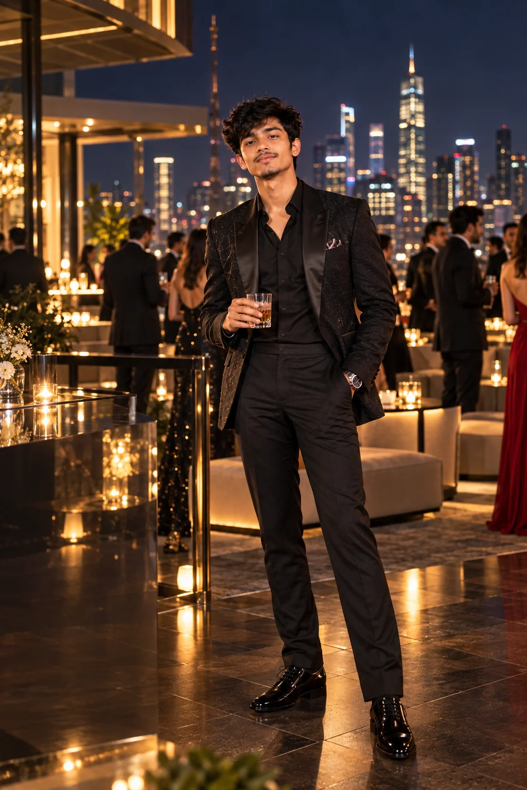 Luxury rooftop premiere after-party AI portrait with city lights and elegant fashion