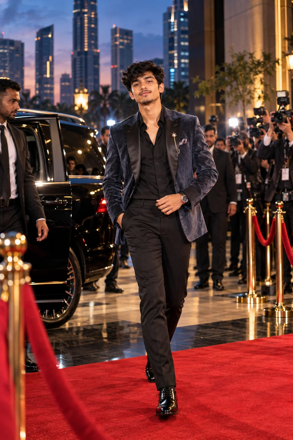 Modern celebrity-inspired red carpet AI fashion photograph with contemporary styling