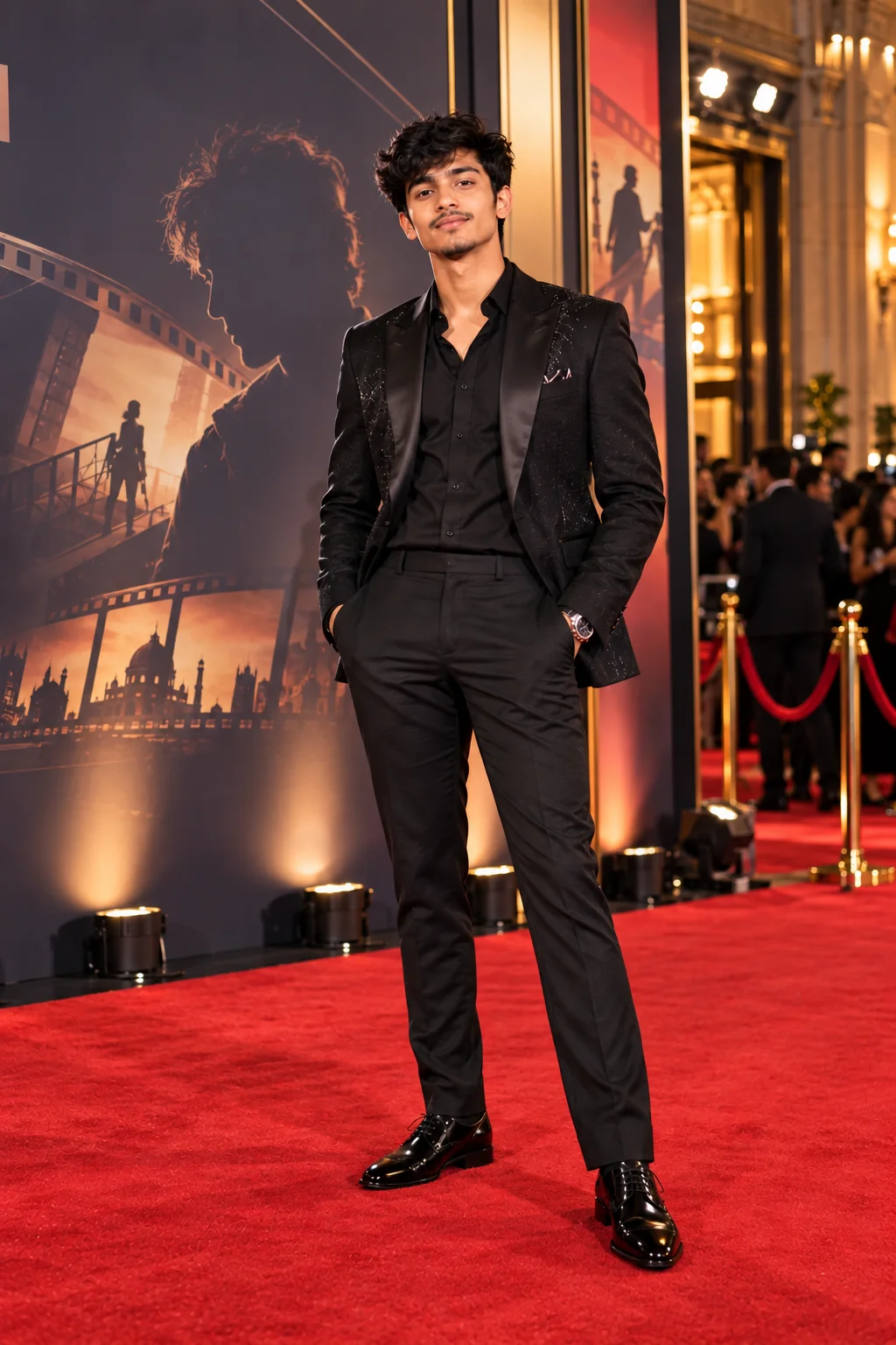 AI movie premiere portrait against a luxury press wall with cinematic event lighting