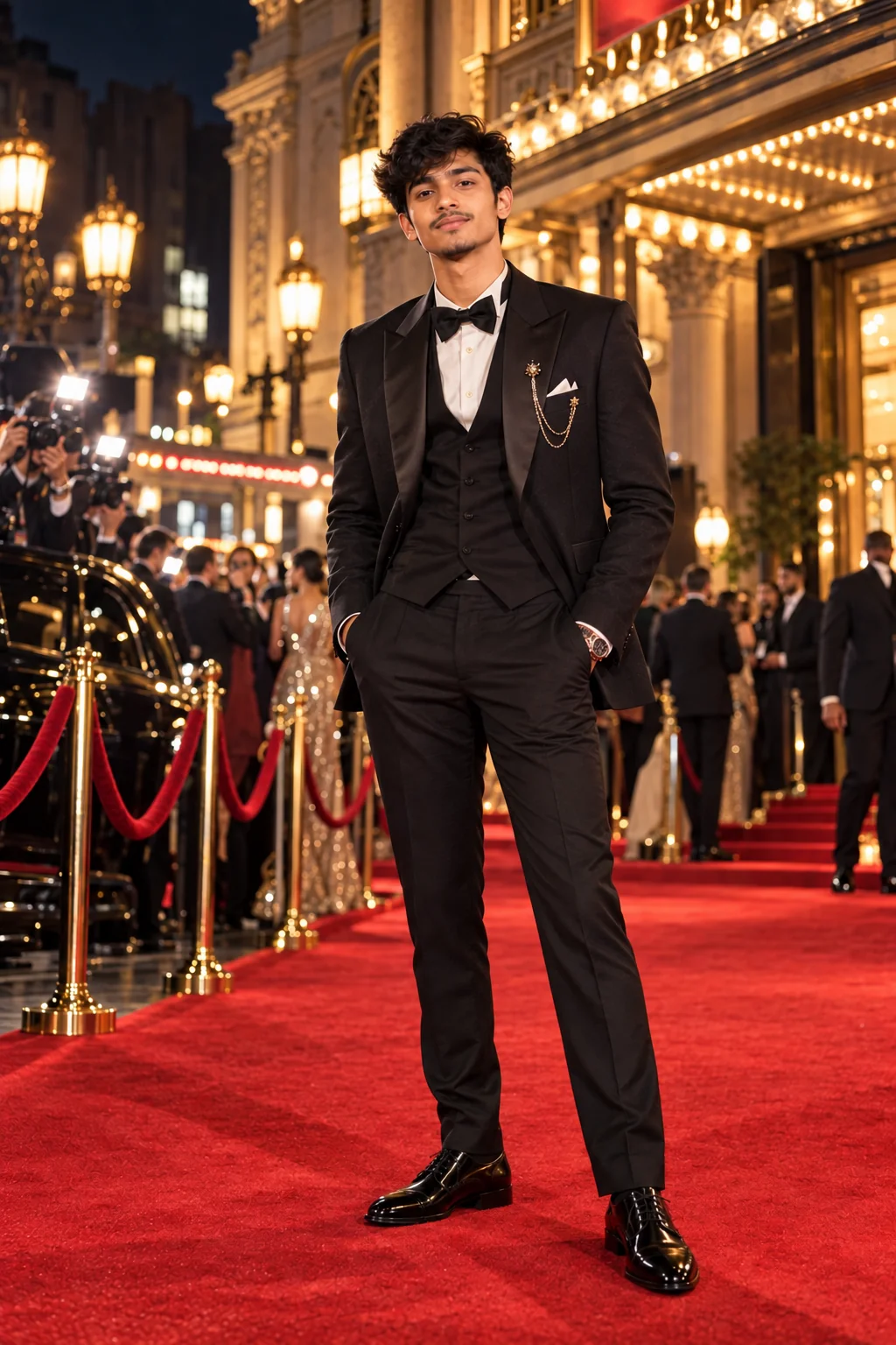 Old-Hollywood-inspired AI red carpet portrait with classic glamour and cinematic lighting