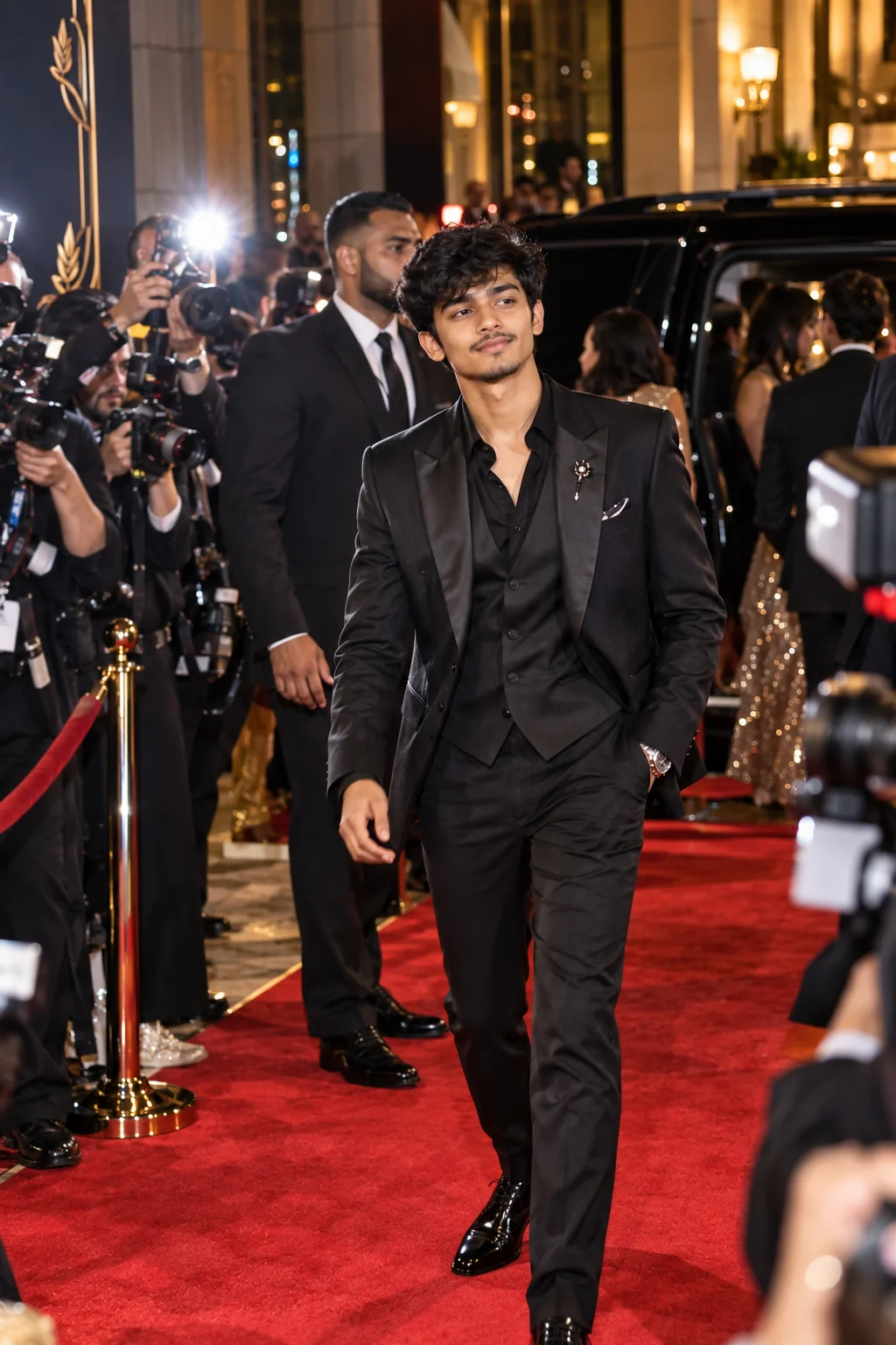 Paparazzi-style AI red carpet photograph with camera flashes and celebrity event atmosphere