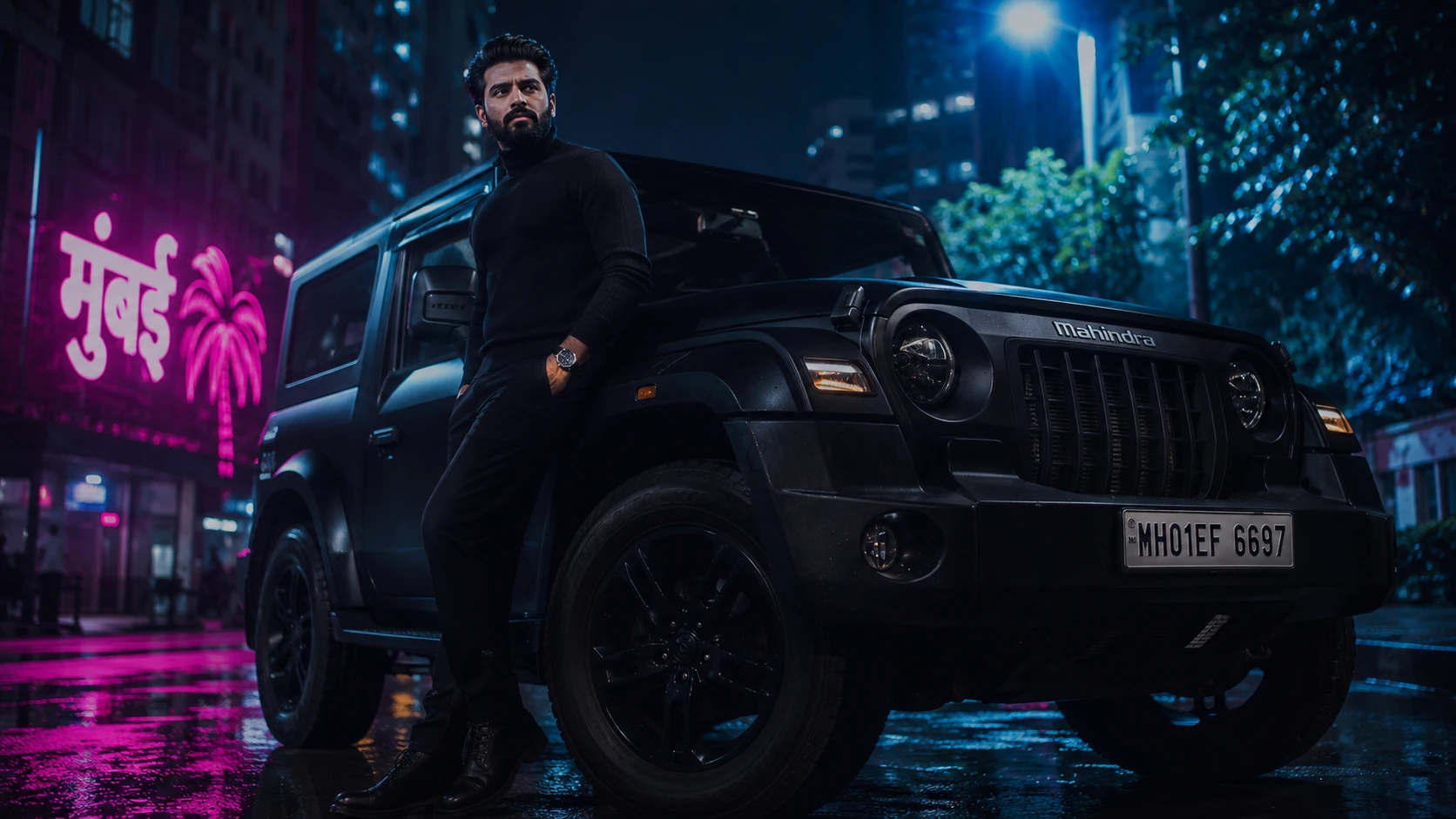 Black Mahindra Thar urban night AI photoshoot prompt for men — 4K city SUV portrait