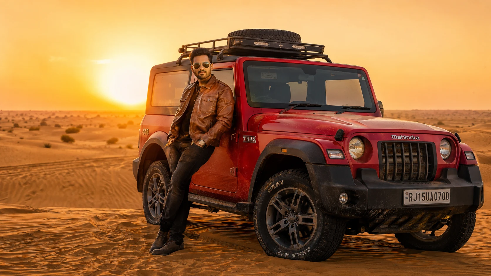 Red Mahindra Thar conquering sand dunes AI photoshoot prompt for men — 4K desert SUV portrait