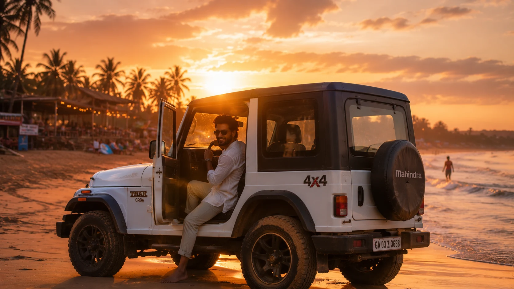 Mahindra Thar beach sunset drive AI photoshoot prompt for men — 4K coastal SUV portrait