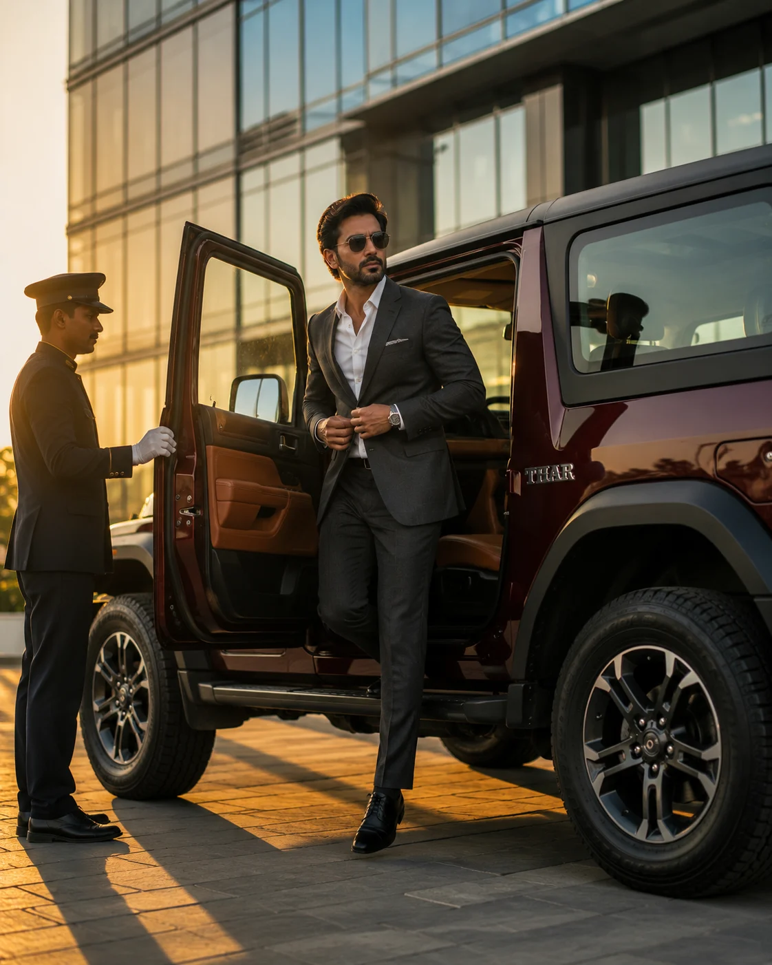 Mahindra Thar businessman arrival AI photoshoot prompt for men — 4K corporate SUV portrait
