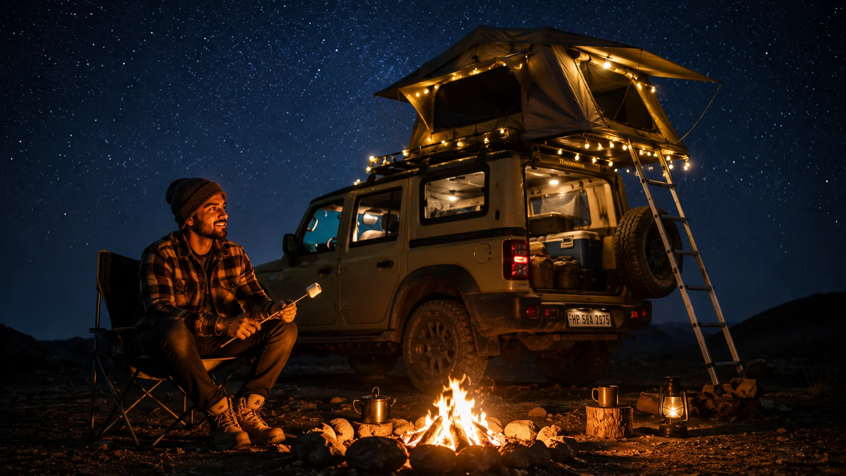Mahindra Thar campfire night AI photoshoot prompt for men — 4K camping SUV portrait