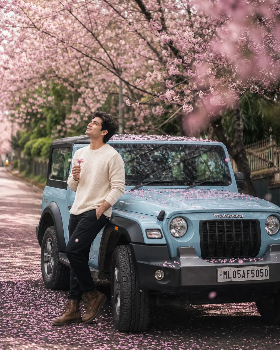 Mahindra Thar in cherry blossom valley AI photoshoot prompt for men — 4K spring SUV portrait
