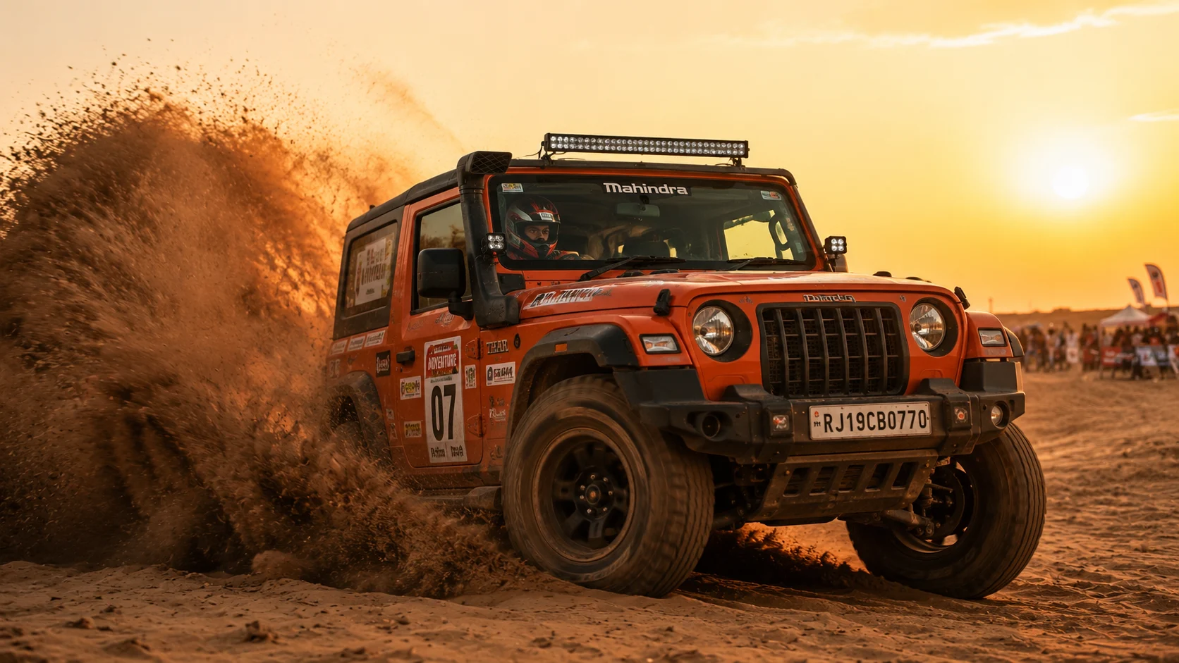 Mahindra Thar drifting in desert AI photoshoot prompt for men — 4K action SUV portrait