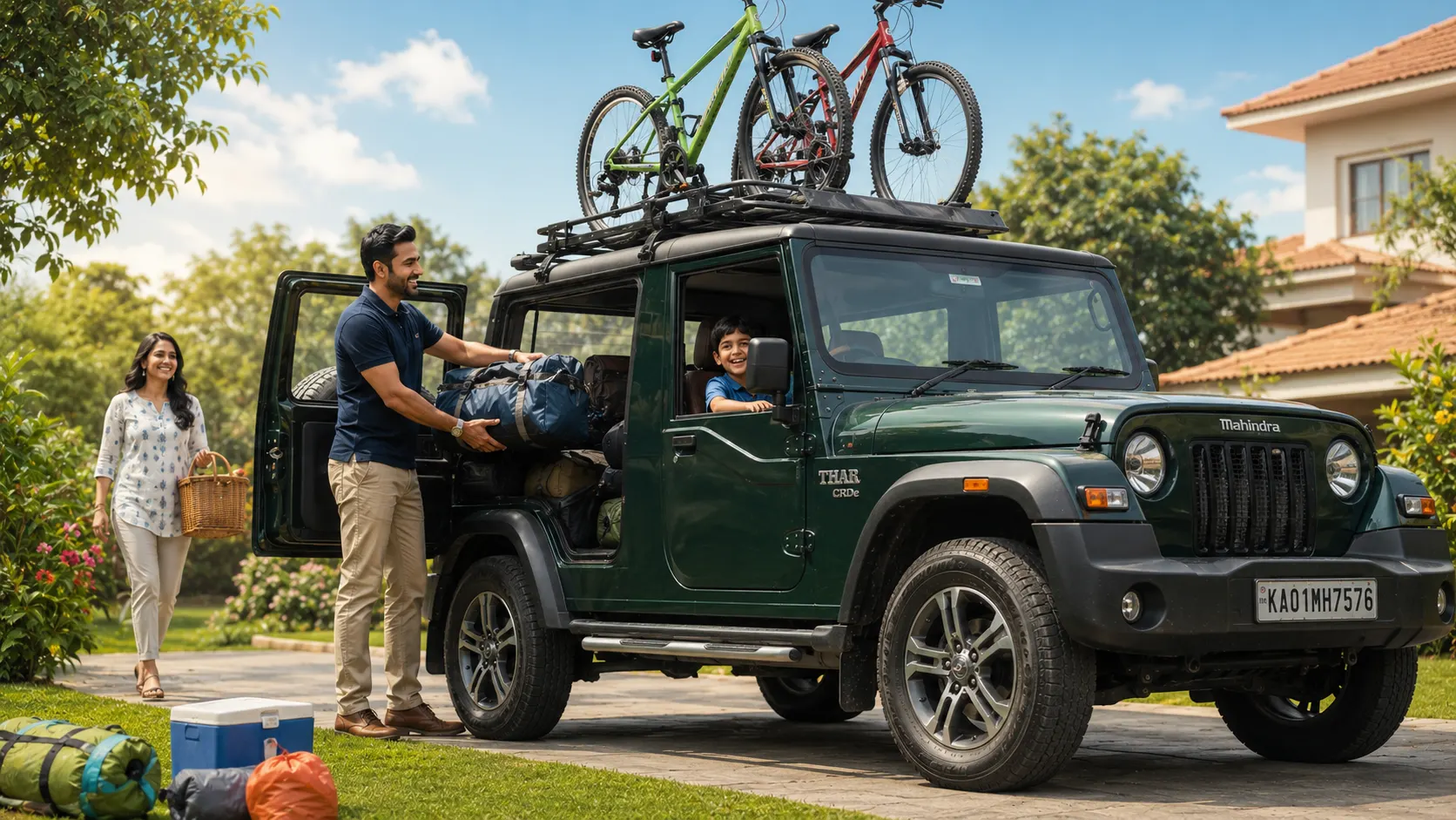 Mahindra Thar family man weekend drive AI photoshoot prompt for men — 4K lifestyle SUV portrait