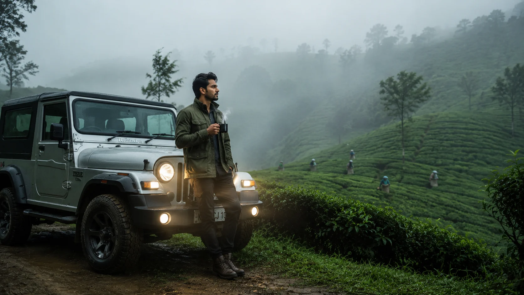 Mahindra Thar foggy morning trail AI photoshoot prompt for men — 4K misty SUV portrait