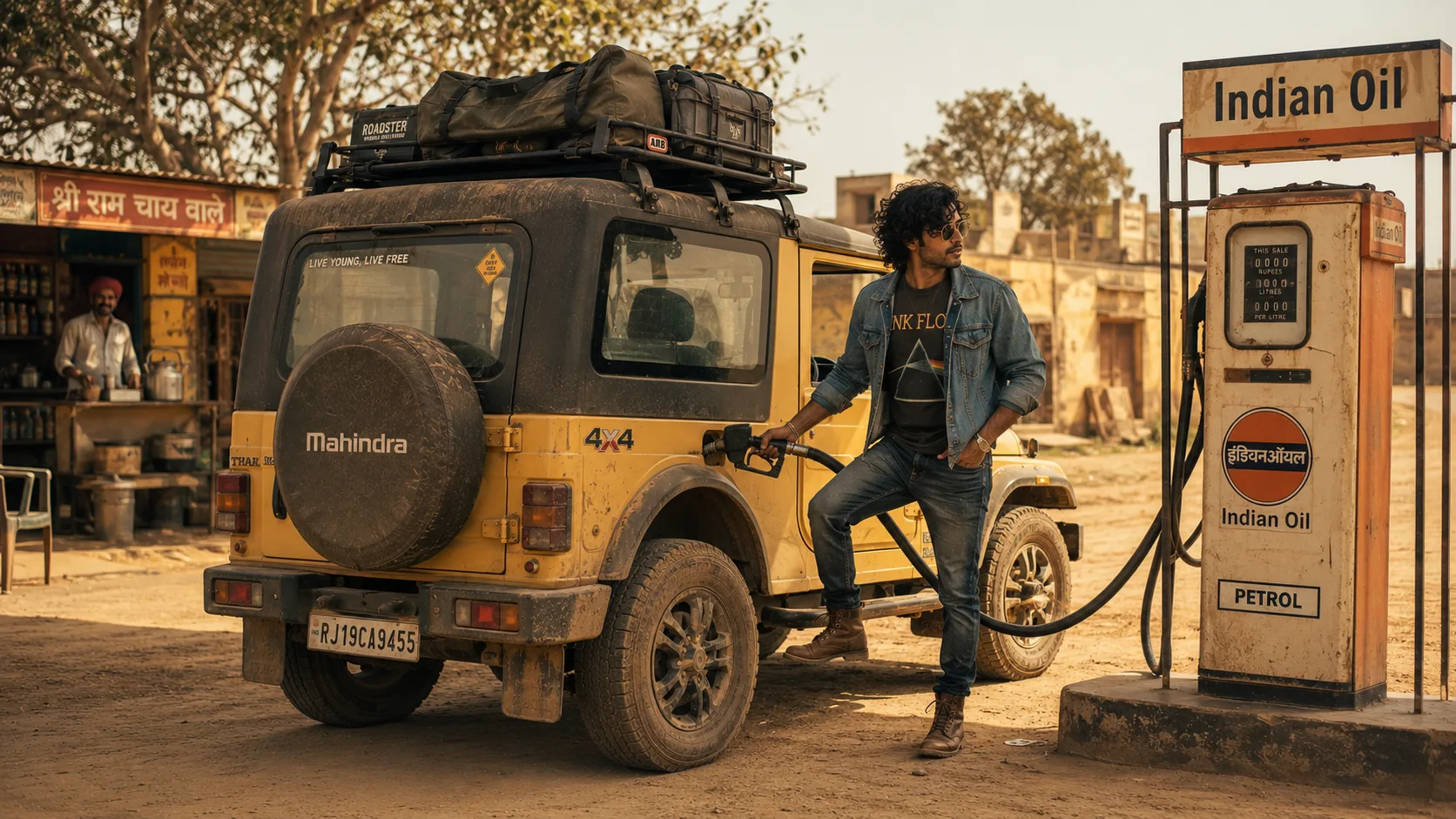 Mahindra Thar fuel stop portrait AI photoshoot prompt for men — 4K road trip SUV portrait