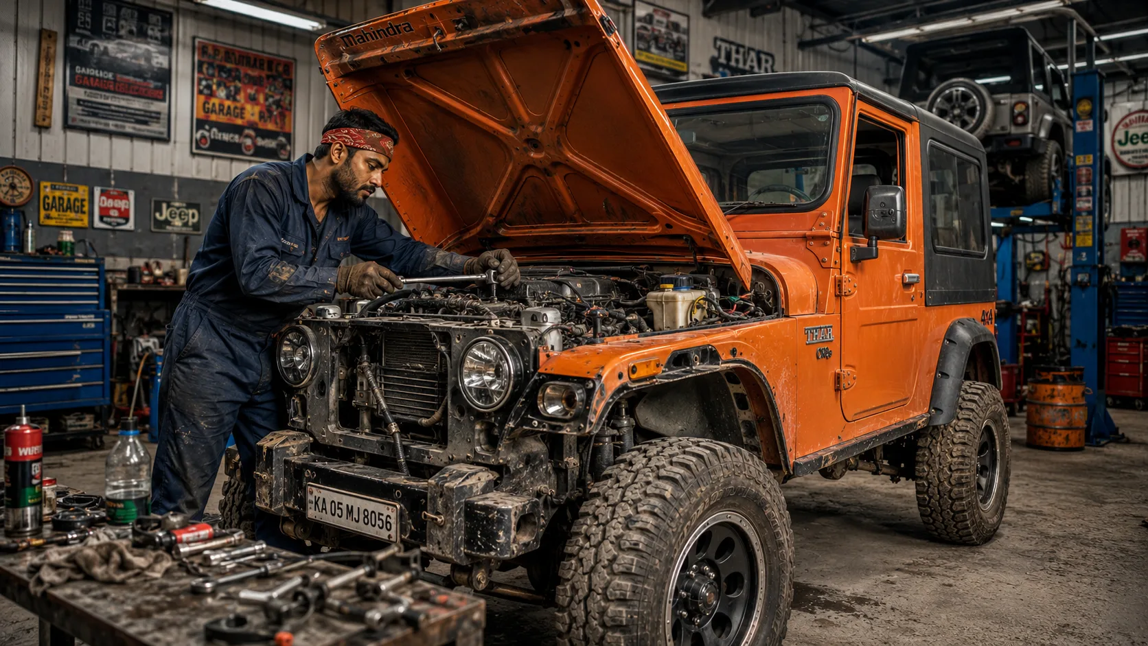 Mahindra Thar mechanic workshop AI photoshoot prompt for men — 4K garage SUV portrait