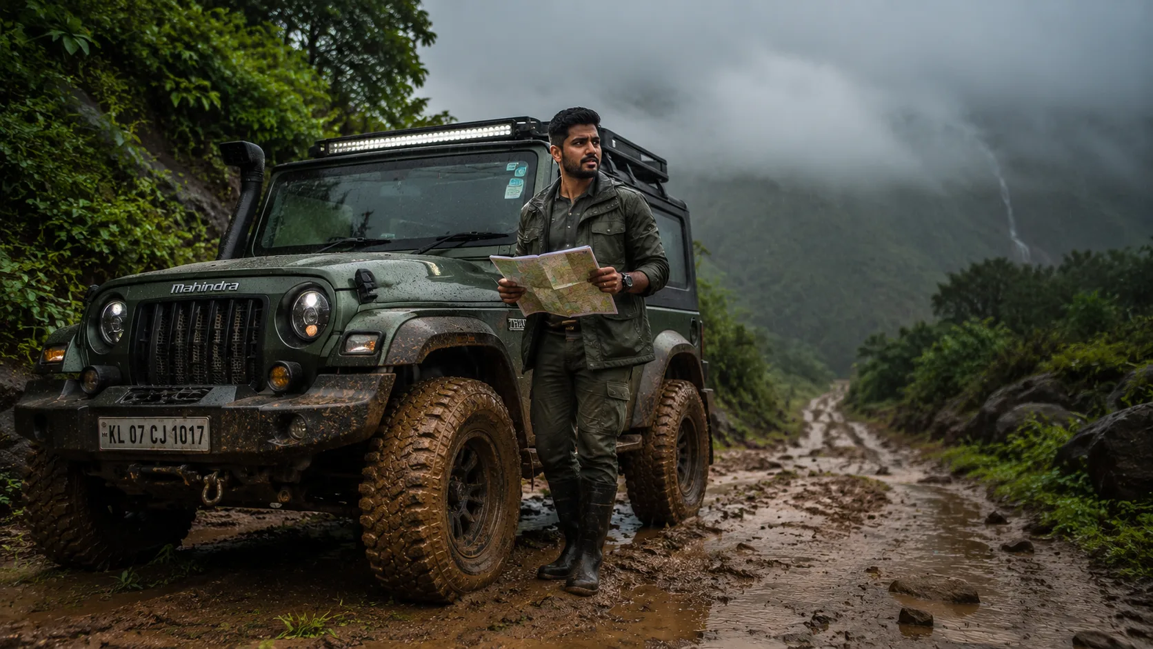 Mahindra Thar in monsoon mud AI photoshoot prompt for men — 4K off-road action portrait