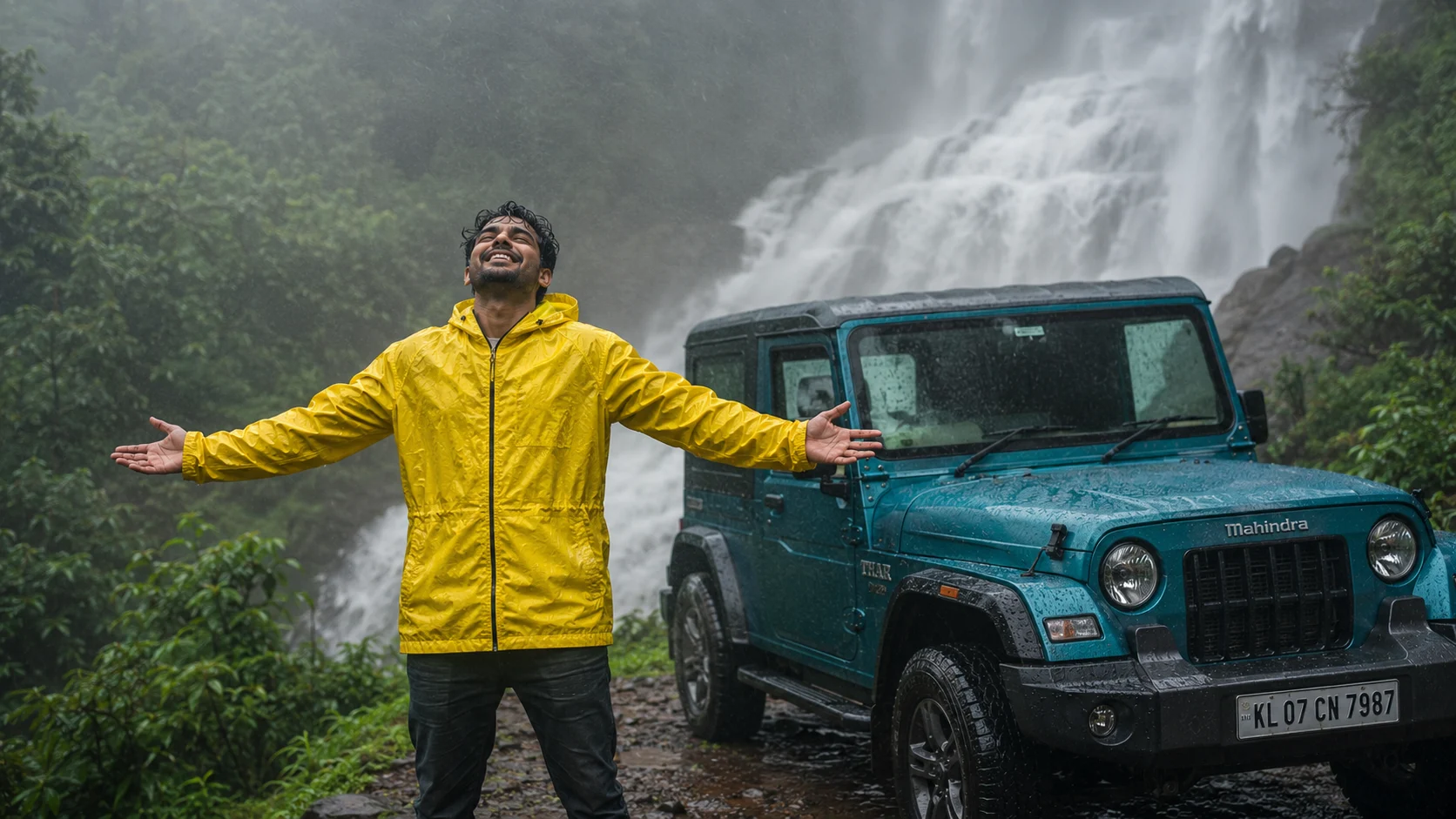 Mahindra Thar monsoon waterfall AI photoshoot prompt for men — 4K rainy SUV portrait