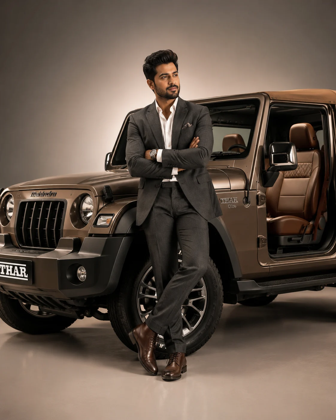 Mahindra Thar premium lifestyle studio AI photoshoot prompt for men — 4K luxury SUV portrait