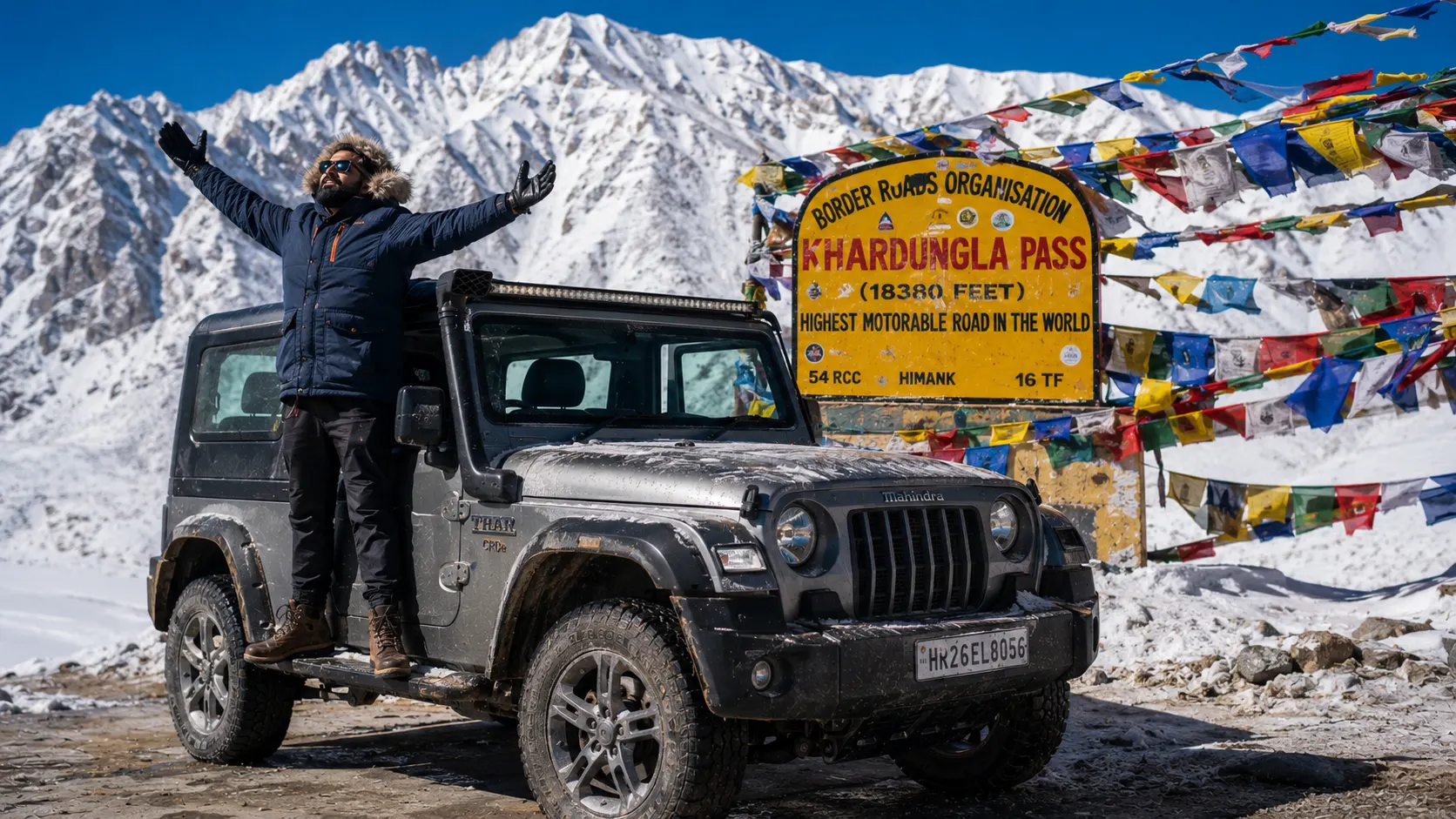 Mahindra Thar snowy Ladakh pass AI photoshoot prompt for men — 4K winter SUV portrait