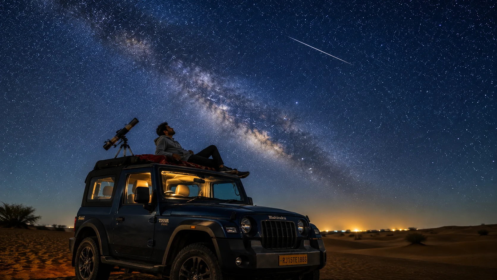 Mahindra Thar stargazing at desert AI photoshoot prompt for men — 4K night sky SUV portrait