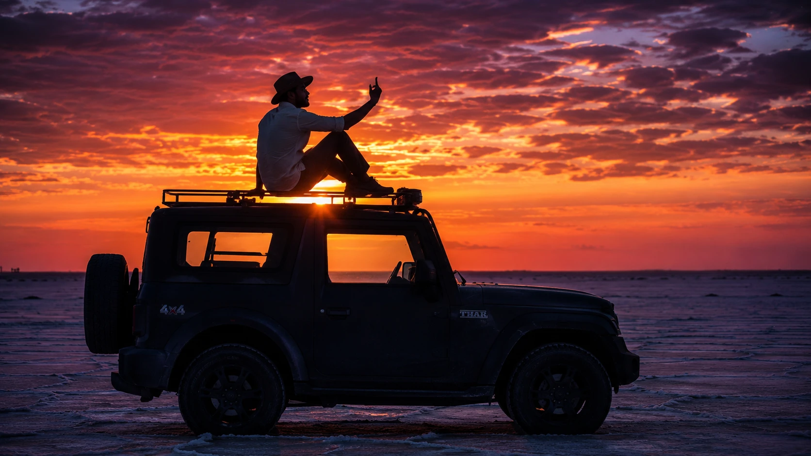 Mahindra Thar sunset silhouette AI photoshoot prompt for men — 4K dramatic SUV portrait