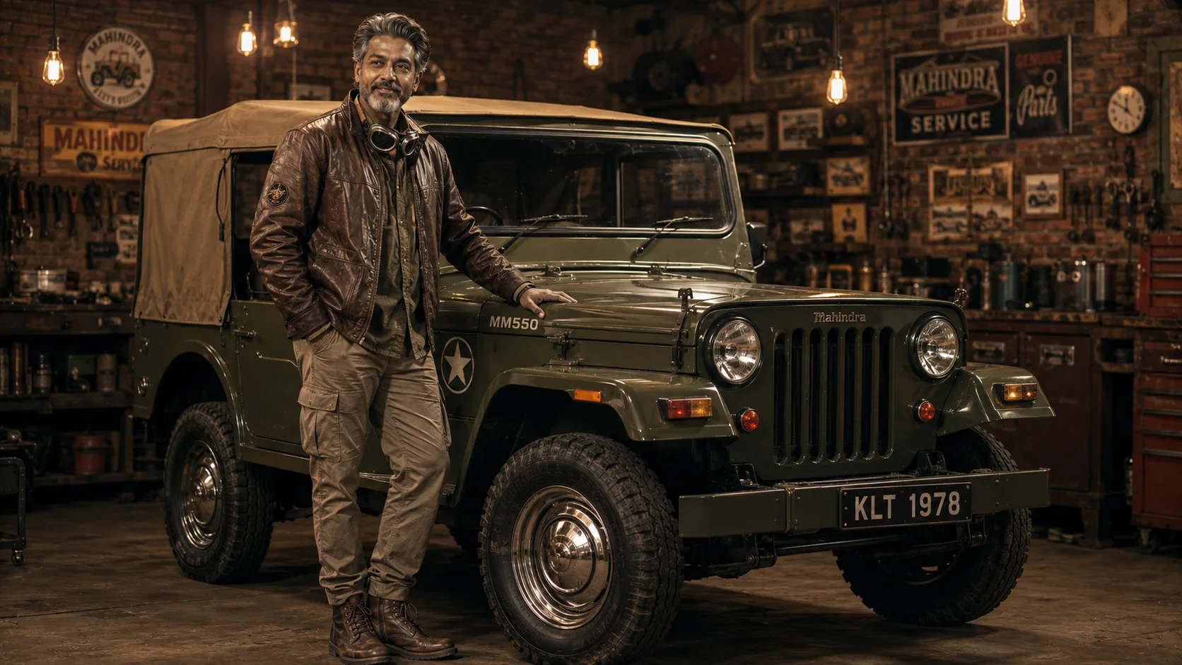 Vintage Mahindra Thar restoration AI photoshoot prompt for men — 4K classic SUV portrait