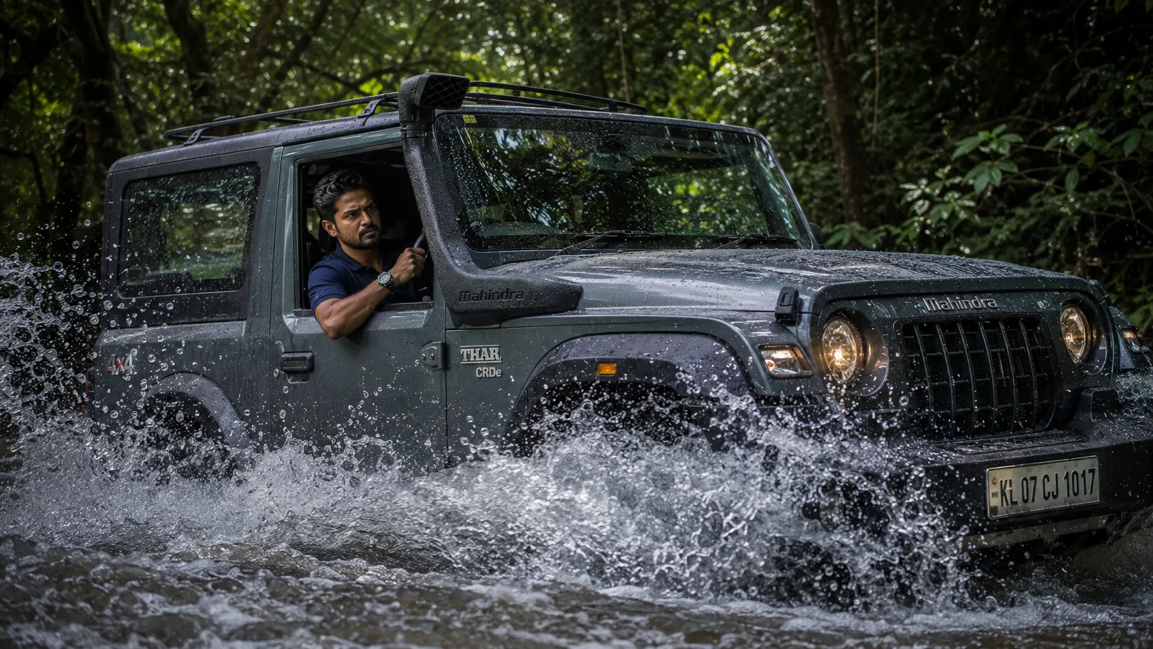 Mahindra Thar water crossing AI photoshoot prompt for men — 4K off-road action scene