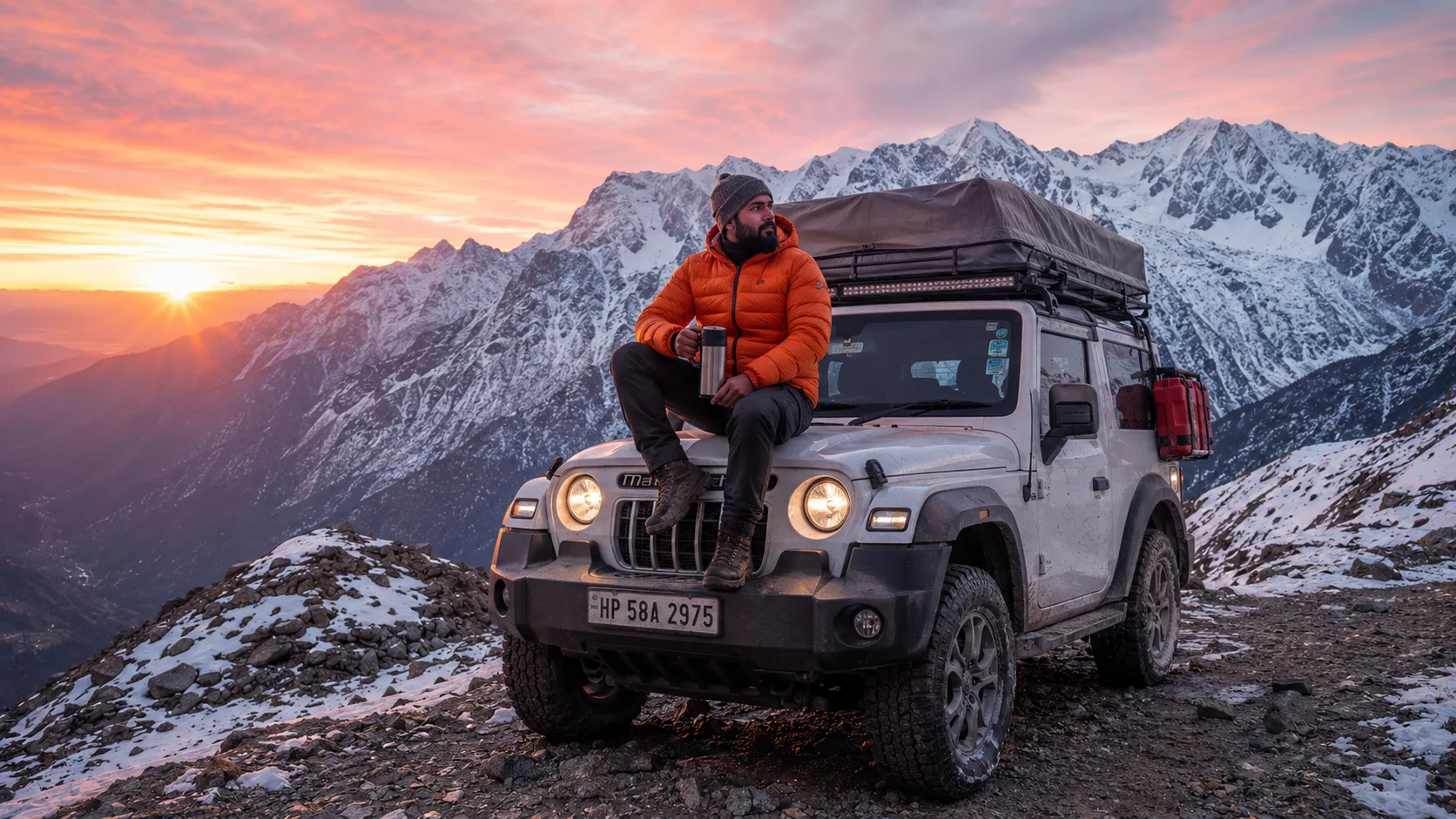 White Mahindra Thar Himalayan trail AI photoshoot prompt for men — 4K mountain SUV portrait