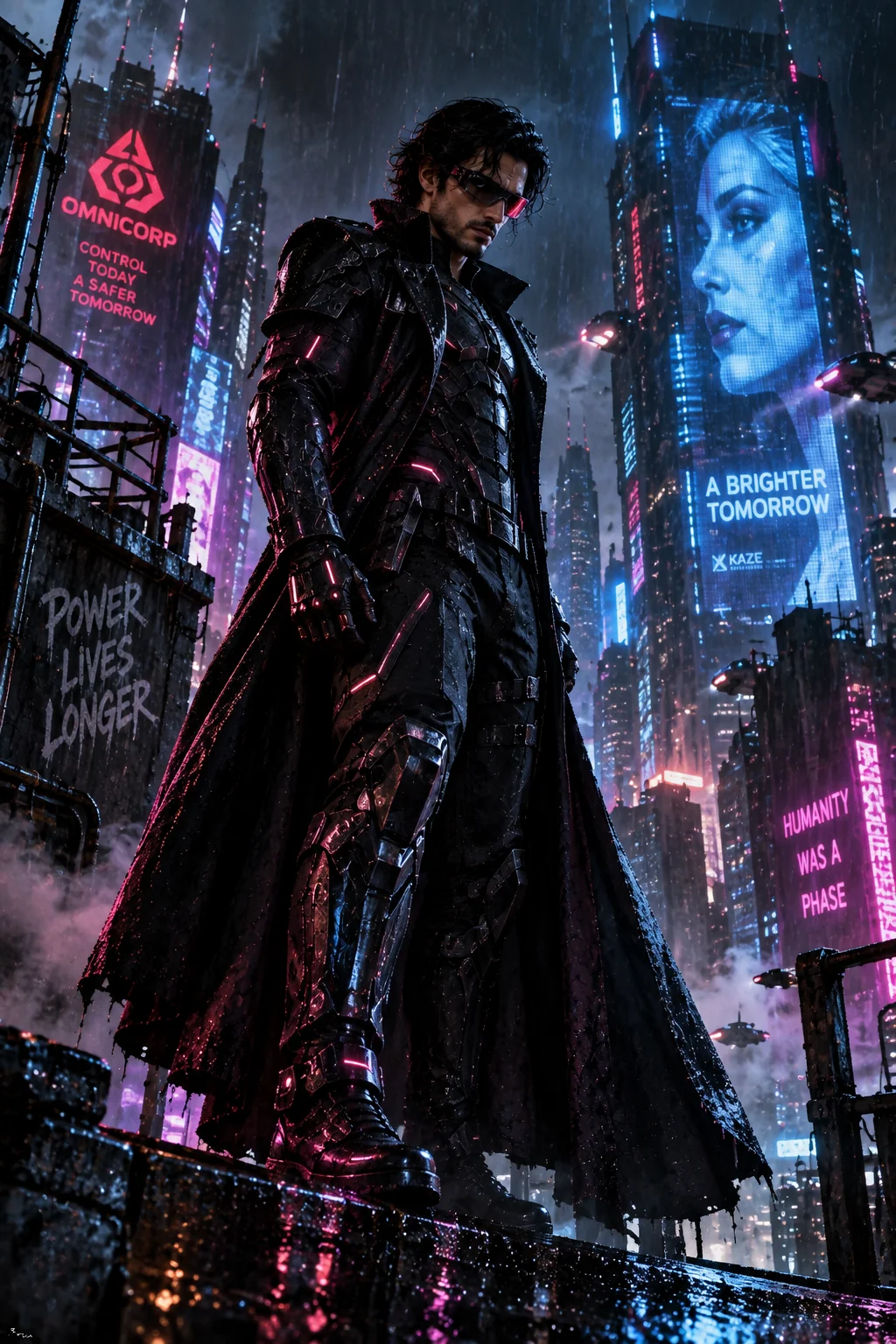 Cyberpunk supervillain portrait with neon city lights and futuristic clothing