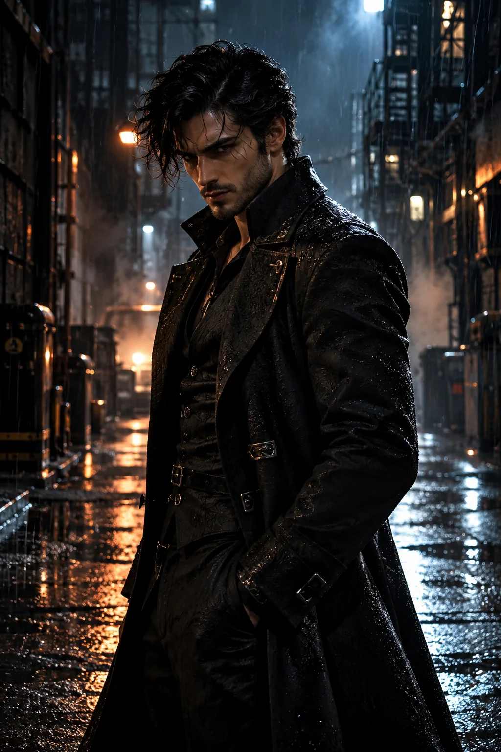 Dark cinematic villain portrait with dramatic shadows and moody lighting