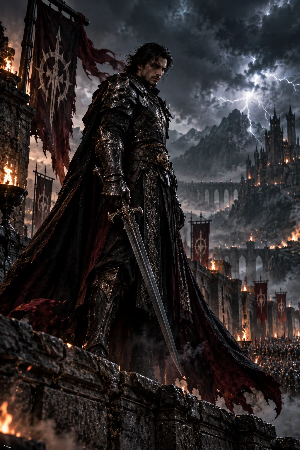 Dark fantasy villain warlord wearing ornate armor in a stormy landscape