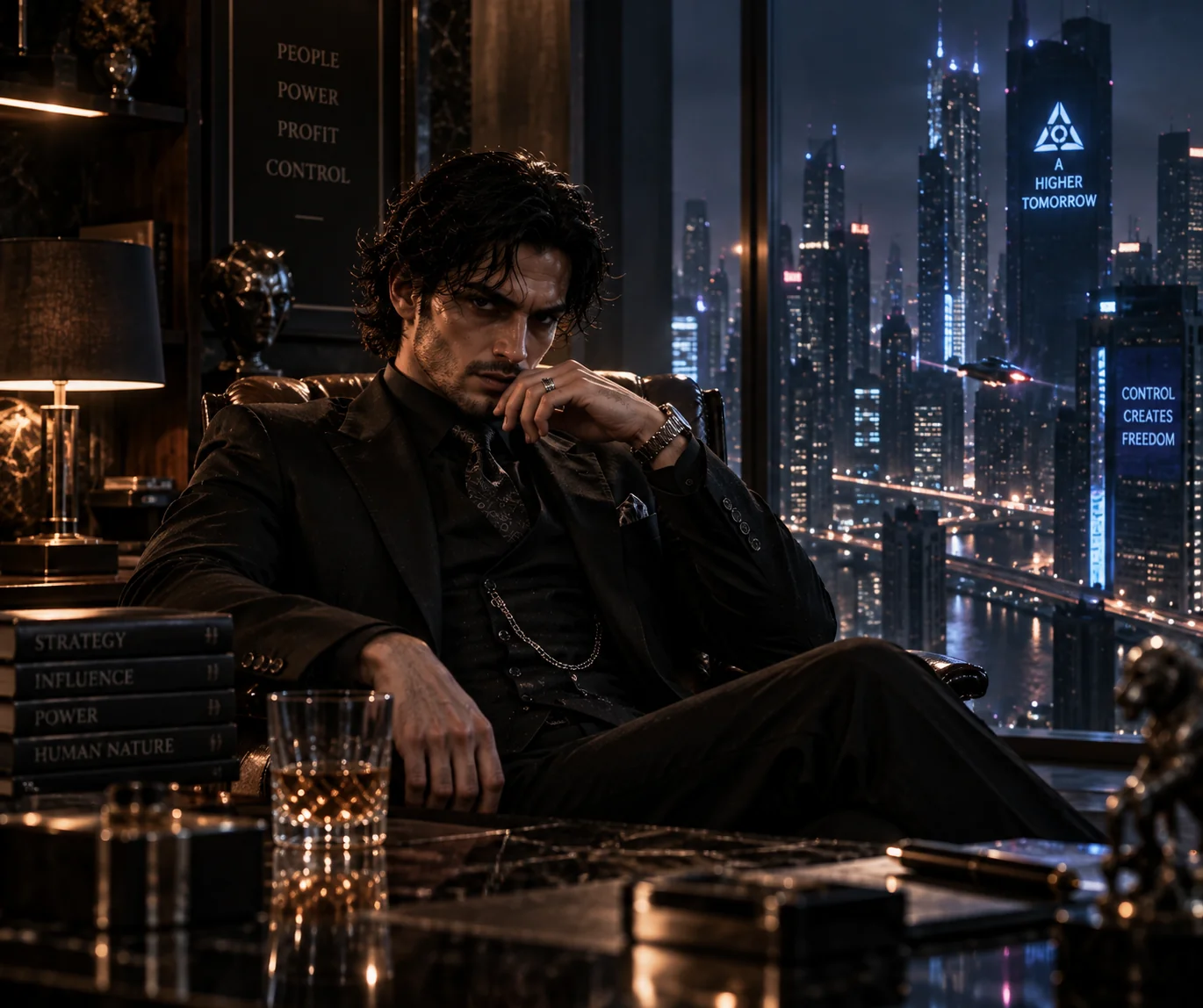 Elegant mastermind villain in a luxurious dark room with cinematic lighting