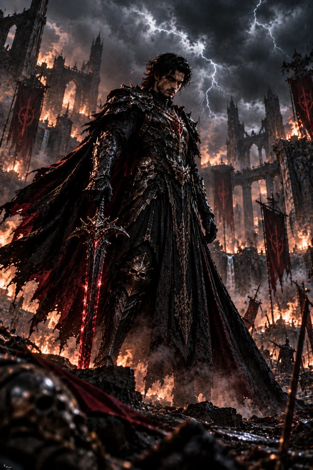Epic final-boss villain standing in a destroyed fantasy city under dramatic storm clouds